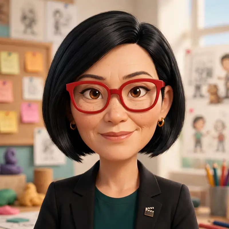 Imogen Park, a woman with a sleek bob and red glasses, decisive and warm