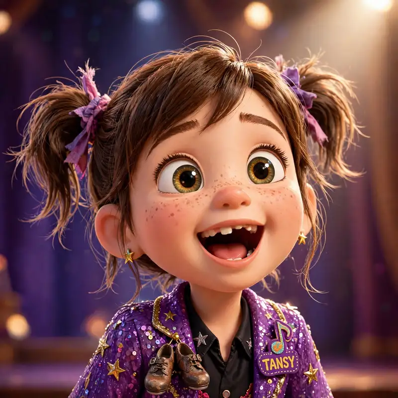 Tansy Bloom, a girl with pigtails coming undone and a missing front tooth, pure joy