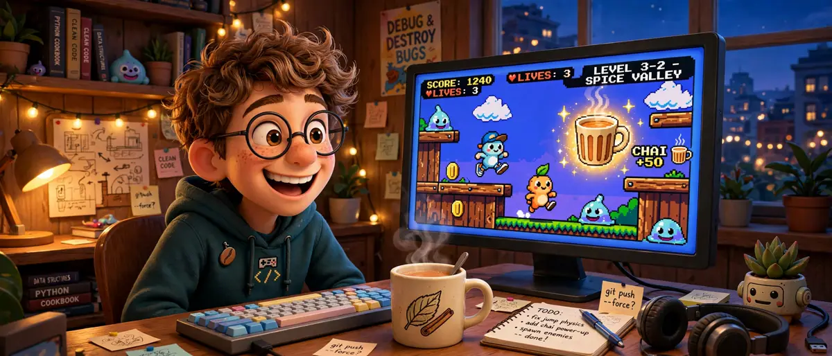 Chai and Code title screen, Dinesh's pixel platformer game