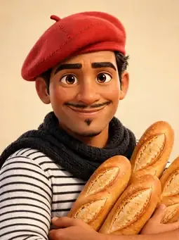 Henri Hue, the Studio designer, in his beret with baguettes and wine