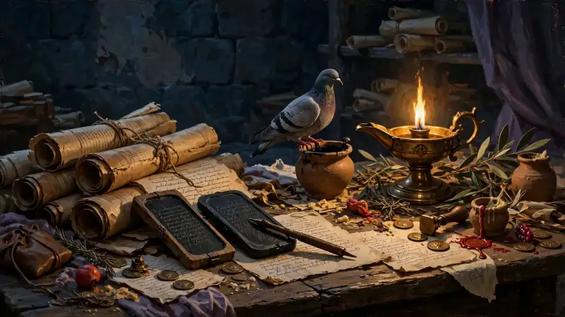 An ancient Roman writing desk at night with scrolls, wax tablets, and a pigeon perched on the inkpot