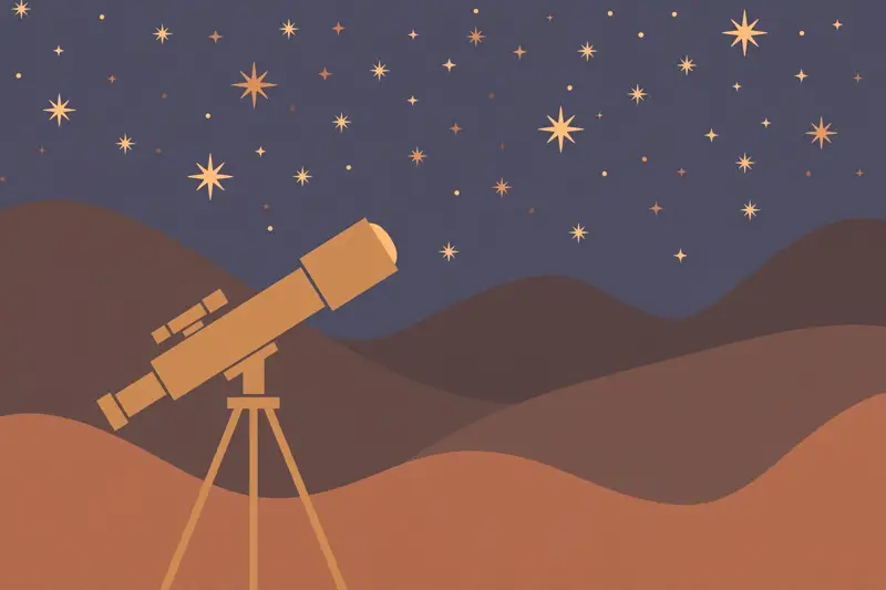A telescope pointed at a starry night sky over silhouetted hills