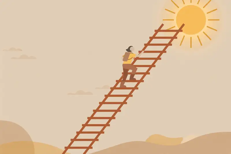 A person climbing a career ladder toward a bright sun