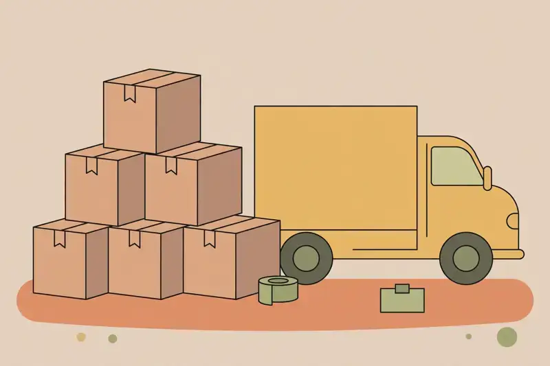 Stacked shipping boxes with a delivery truck