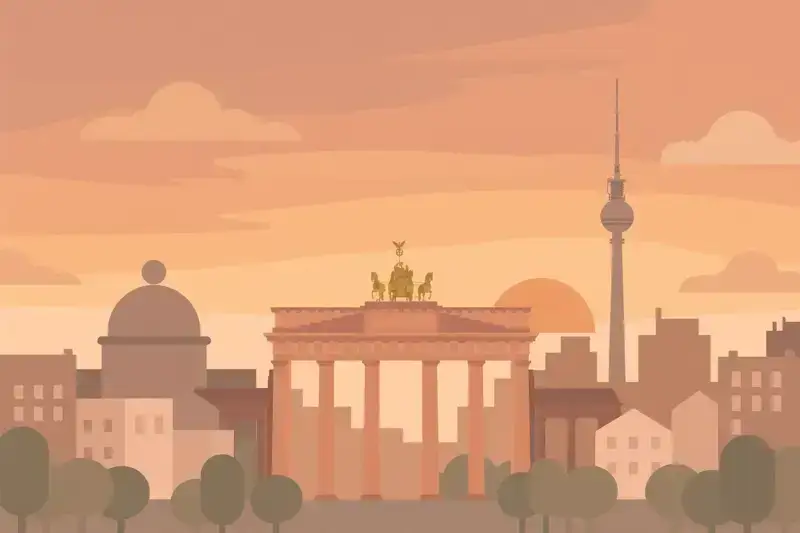 A flat illustration of the Berlin skyline with the Brandenburg Gate at sunset