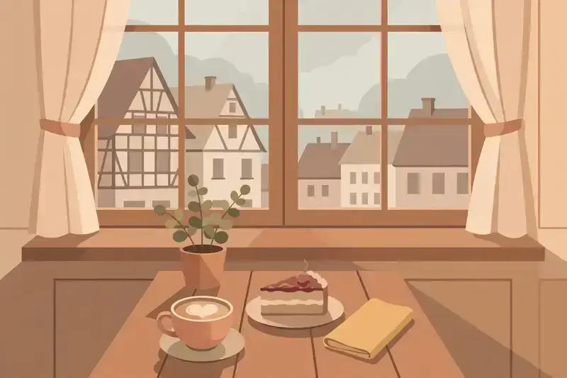 A flat illustration of a cozy German cafe table with coffee and cake