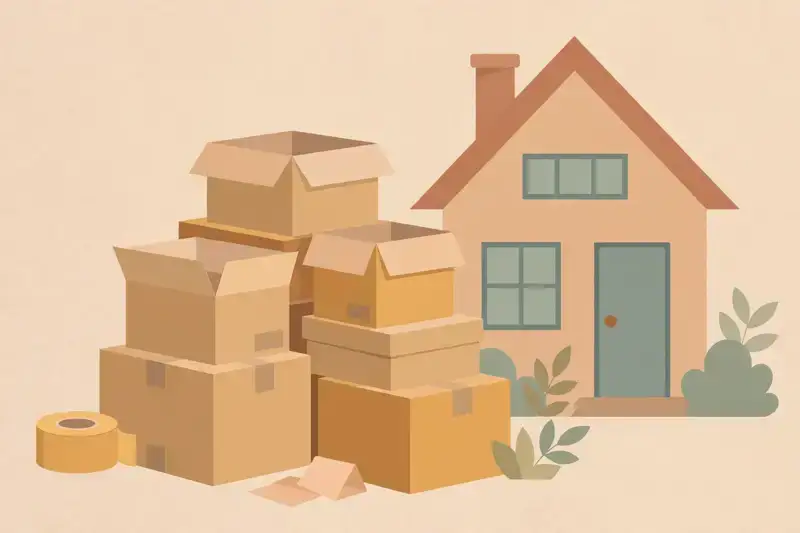 Moving boxes stacked in front of a new home