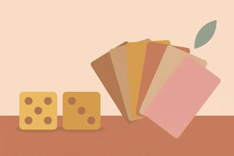 A pair of dice and playing cards on a table