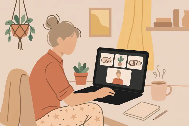 A remote worker on a video call in a home office, coffee nearby