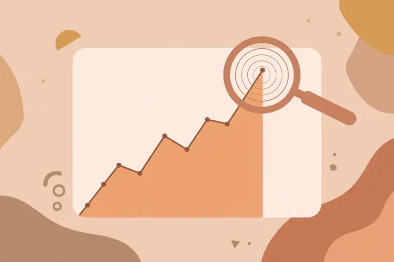 A line chart trending upward with a magnifying glass examining the peak