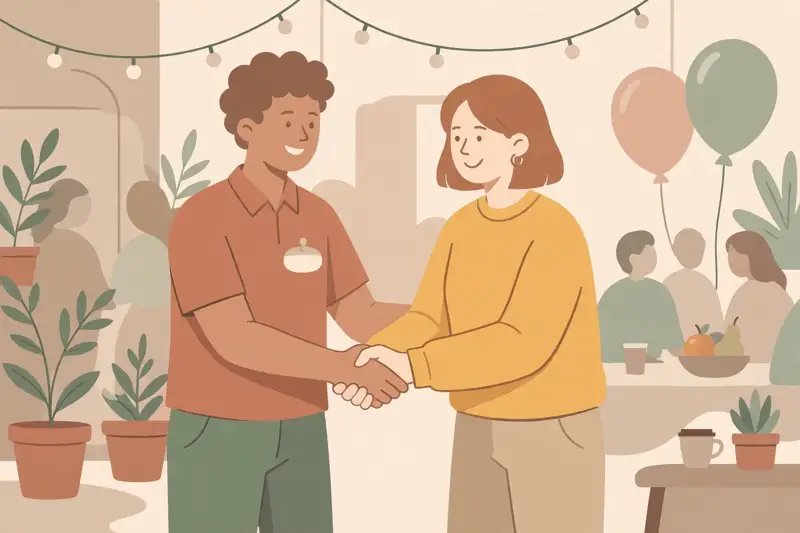 Two people shaking hands with a friendly hello name tag between them