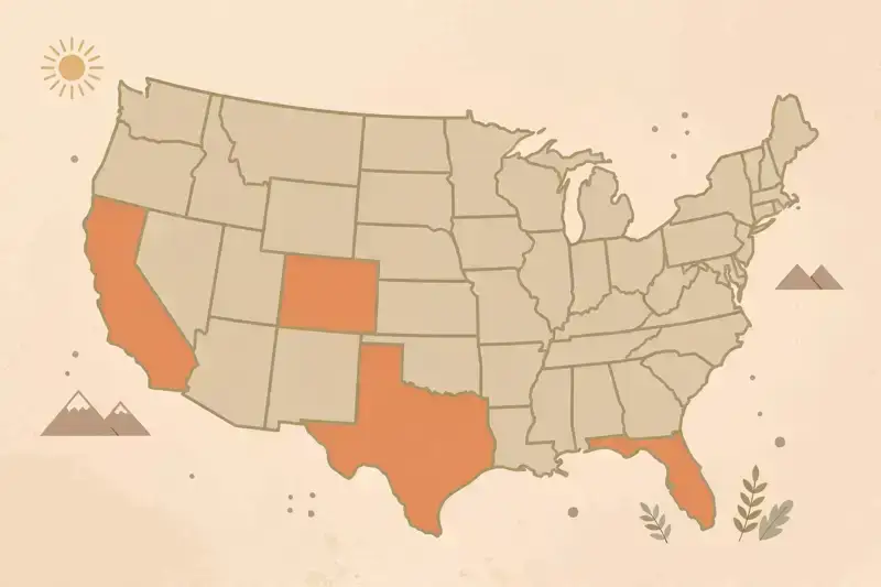 A simple map of the United States with a few states highlighted