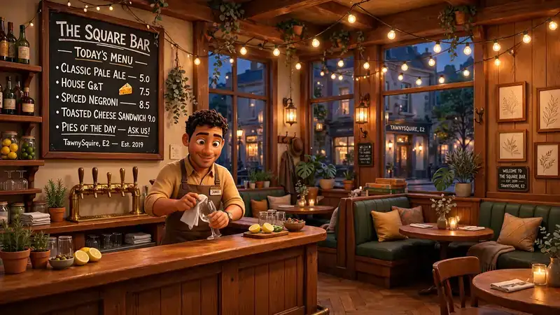 Inside The Square Bar: warm wooden interior, brass taps, string lights, cozy booths