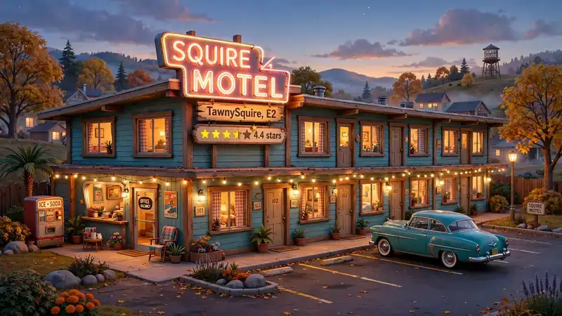 The Squire Motel at dusk: retro neon sign, warm glowing windows, vintage car in the lot