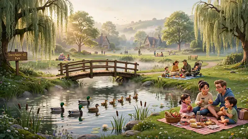 The park in TawnySquire: pond with ducks, weeping willows, wooden footbridge, morning mist