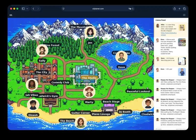 E2 world map showing the mountains, forest, lake, city, Studio, comedy club, gym, beach and character portraits alongside Llama Feed